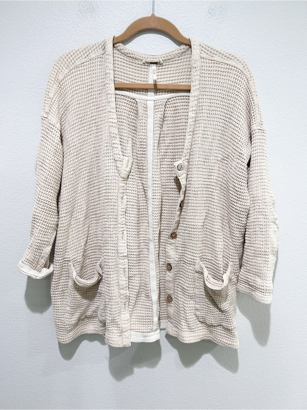 Free People cream waffle cardigan shirt